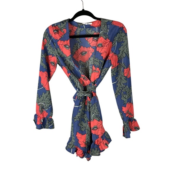 Tularosa Floral Ruffle Long Sleeve Romper XS | Belted Poppy Print Wrap Romper - Picture 7 of 16